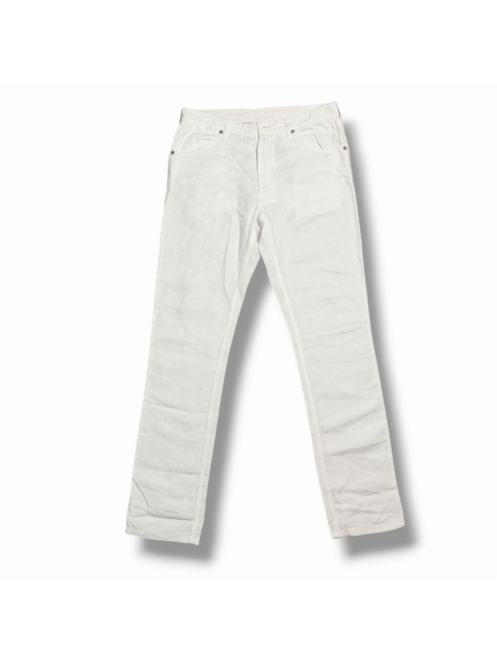 120% LINO NWT Mens White Linen 5 Pocket Regular Fit Pants MISSING BUTTON 32x34